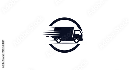 Fast delivery truck logo with motion lines with enclosed circle white background stylized black truck icon motion logistics transport shipping