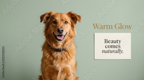 Cheerful golden brown fluffy dog sits calmly beside a vertical card with text beauty comes naturally and warm glow on a soft sage green background, perfect for pet skincare or natural beauty