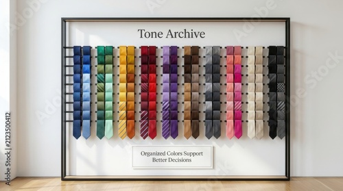 Colorful silk neckties organized by gradient on a minimalist display rack inside a modern mens boutique store titled Tone Archive, perfect for professional businessmen selecting formal fashion styles.