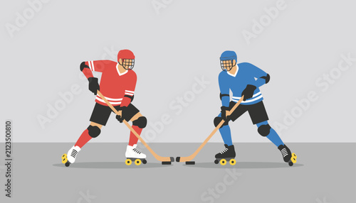 Competitive young roller hockey players in red and blue uniforms facing off during an intense outdoor sports match.