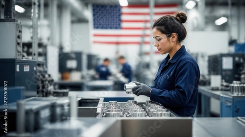 A dedicated female worker in a blue uniform diligently inspects components within a bustling American manufacturing plant, her focused expression reflecting the precision required in industrial