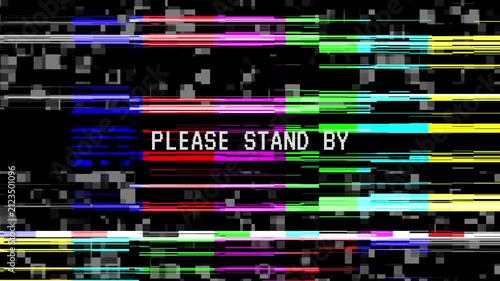 Please stand by color bars with horizontal noise glitch and no signal. Dark aesthetic glitch screen with horizontal scanlines and streaks of neon colors over the test pattern.