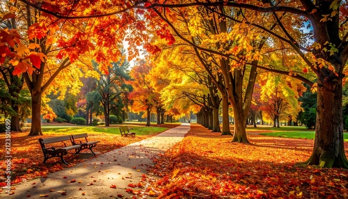 A serene autumn scene with a winding path, vibrant trees, and fallen leaves
