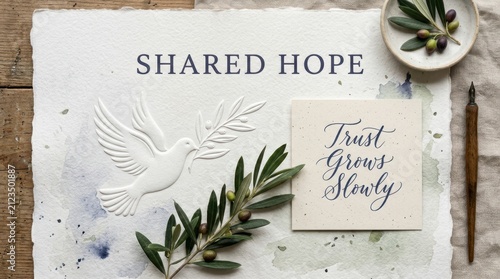 Elegant flat lay featuring calligraphy text Shared Hope and Trust Grows Slowly on textured paper with embossed dove and fresh olive branches on a rustic wooden table for peaceful wall art inspiration.
