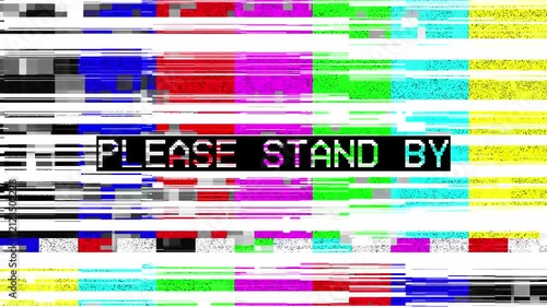 Please stand by color bars with high brightness noise glitch no signal. Bright display of test patterns with high-frequency noise and horizontal line displacement effects.