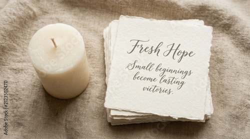 Elegant white candle sits beside a stack of textured handmade paper with motivational quote fresh hope small beginnings become lasting victories on neutral linen fabric background for home