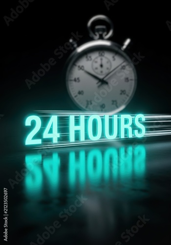 Conceptual 3D Illustration of Glowing 24 Hours Text with Motion Blur and Blurred Stopwatch Background for Time Management