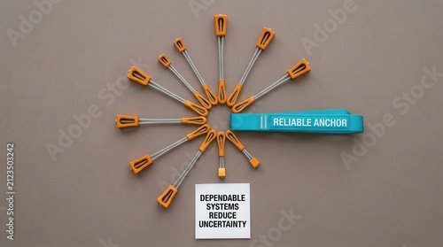 Essential rock climbing protection gear arranged in circular layout with blue reliable anchor strap and dependable systems reduce uncertainty card on grey background for professional safety and trust.