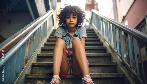 Young woman with curly hair sits on concrete stairs, looking at camera