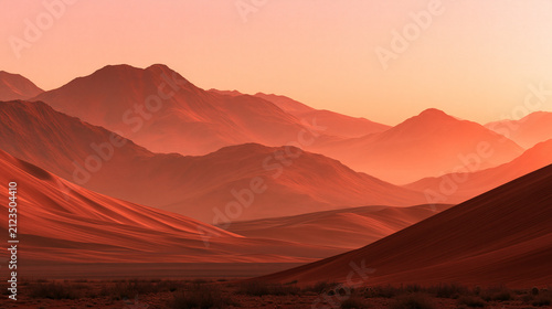 A breathtaking desert landscape bathed in the warm golden glow of a sunset featuring rolling sand dunes and distant hazy layered mountain ranges