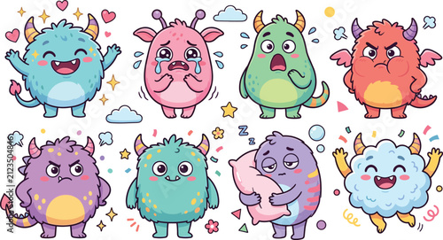 Cute Monster Vector Character Set with Colorful Furry Beasts Showing Diverse Emotional Expressions and Feelings for Kids Educational Materials Stickers and Graphic Designs