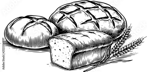 Hand drawn fresh bakery bread loaves and wheat ears sketch. Design element for logo label emblem sign menu package. Vector illustration. Perfect for bakery shop design.