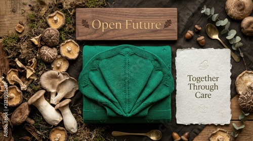 Handcrafted green knitted blanket with unique shell pattern sits among wild forest mushrooms wooden sign and rustic paper note representing a sustainable future through care and natural harmony