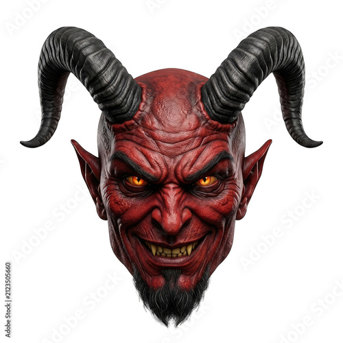 Scary red devil head with large horns isolated on black background isolated on transparent background