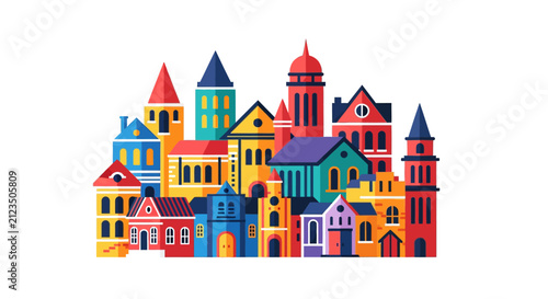 Colorful illustration of houses and buildings.
