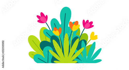Colorful illustration of green plants flowers.