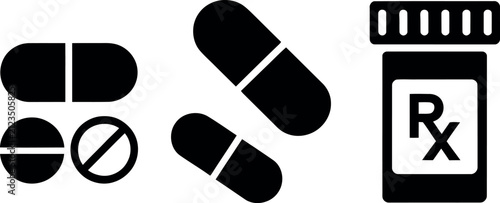 Fotografía Black and white medicine pills and prescription bottle icon set
