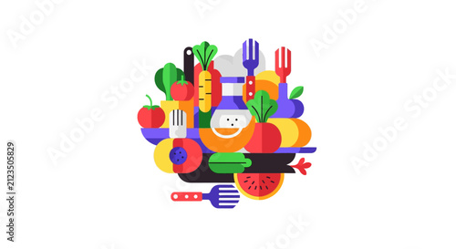 Colorful illustration of kitchen utensils.