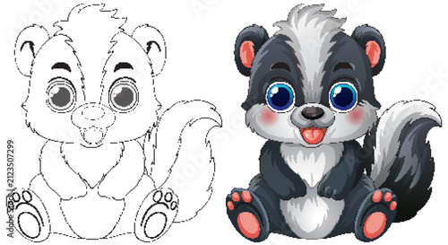 Cute Cartoon Skunk Illustration with Line Art Coloring Page Version