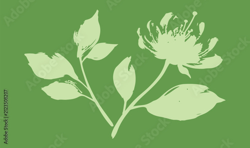 A creative vector illustration featuring a light green botanical branch with a blossoming flower and leaves on a medium green background for nature and design projects.