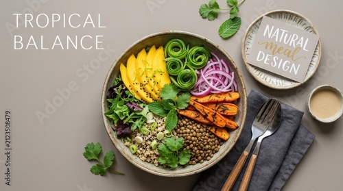 Nutritious vegan tropical Buddha bowl with fresh mango, cucumber, red onion, roasted carrots, lentils, and quinoa, representing a balanced plant based meal design for a healthy lifestyle and wellness.