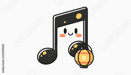 Cute blushing music note character holding a glowing lantern