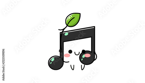 Kawaii musical note character with pink cheeks and green leaf