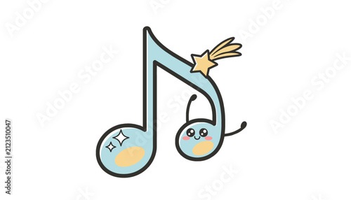 Cute blushing music note character with a small shooting star