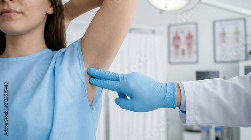 Doctor palpating female axillary lymph node. Physician performing clinical breast examination.