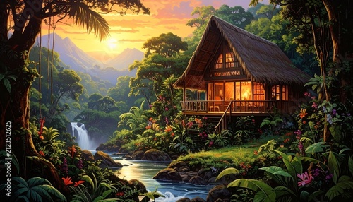 Tropical Cabin by Waterfall in Lush Forest at Sunset.