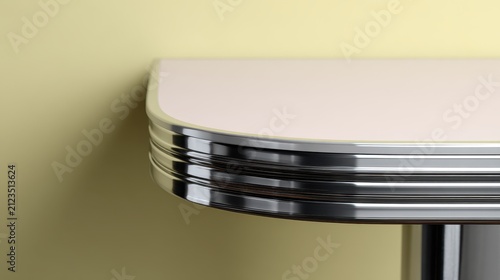Retro Diner Table Corner, Chrome Trim against Yellow Wall, Minimalist Design