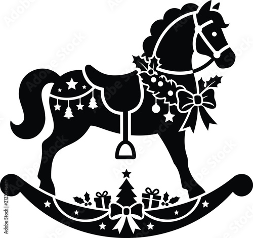Black and white vintage-style rocking horse with decorative stars, christmas holiday theme vintage christmas decoration