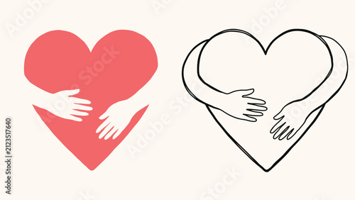 Принти на полотні Dos corazones con brazos abrazándose que representan el amor propio y el cuidado