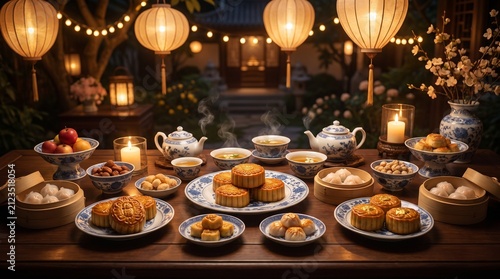 Traditional mooncakes and dim sum served on a table for mid-autumn festival celebration in a courtyard