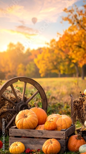 A serene autumn scene with pumpkins in a wooden crate beside a wagon wheel