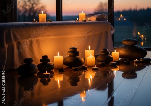 Zen Dusk: Flickering Flames & Tranquil Stones by the Window