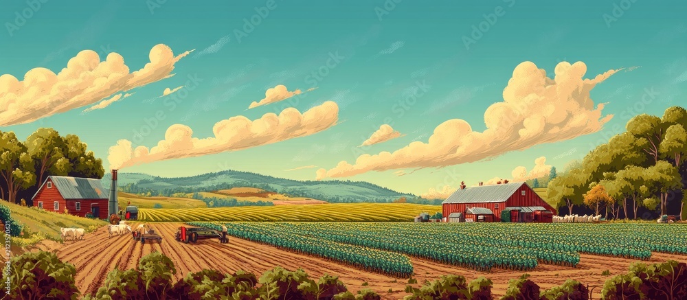 Fototapeta premium Farmhouse. Landscape. Agriculture. Crops. Country.