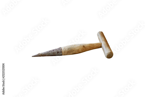 Fotografie Vintage wooden hand awl for making holes for planting, isolated transparent back