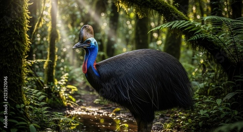 Dawn's Guardian: Cassowary in Sun-Dappled Jungle