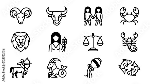 Foto Zodiac Signs Line Art Icon Set with Twelve Astrology Horoscope Constellation Sym