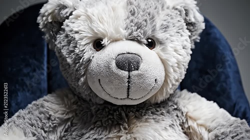 Fluffy Gray And White Teddy Bear Sitting Comfortably In A Plush Dark Blue Armchair With Soft Studio Lighting