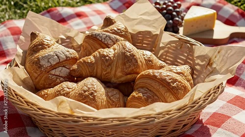 Golden Brown Croissants In A Wicker Basket On A Red Gingham Blanket With Grapes And Cheese Outdoor Picnic Setting