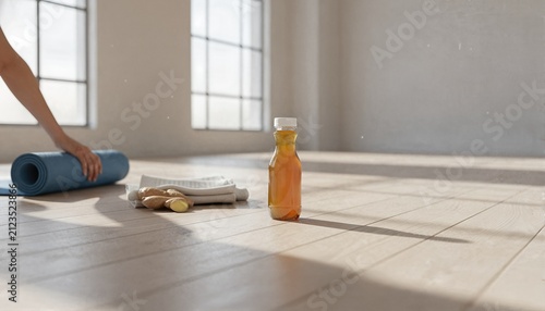 Refreshing energy drink on a minimalist yoga studio floor