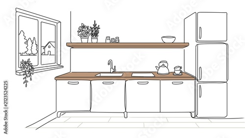 A clean black and white line art illustration of a modern kitchen setup