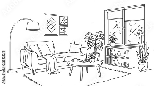 A detailed black and white line art sketch of a modern living room interior