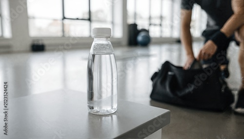 Refreshing water bottle in a modern gym