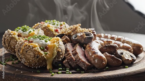 Steaming Hot Platter of Baked Potatoes Sausages and Sliced Steak With Mushrooms and Chives Garnished on a Wooden Board