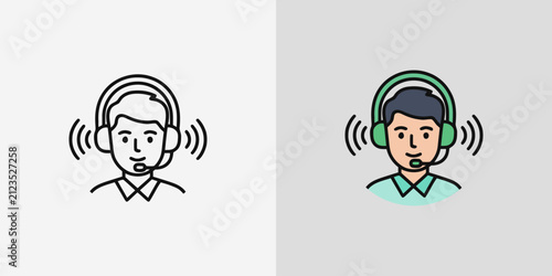 Foto Customer support outline and colored operator man avatar with headset representing call center agent providing technical assistance or telemarketing services for corporate business growth