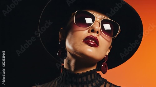 Elegant fashion portrait of a stylish woman wearing sunglasses and a black hat in dramatic studio lighting. Luxury beauty, modern glamour, premium style, and high-end editorial concept.