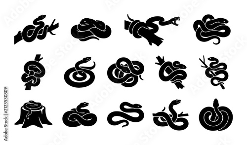 Serpentine Silhouettes: 15 Black Snake Vector Icons, Reptile Graphics, Animal Symbols, Wildlife Art, Nature Motifs, Tribal Designs, Tattoo Ideas, Graphic Resources